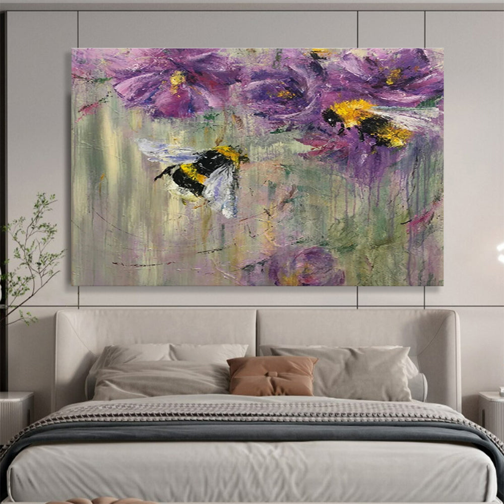 “Buzzing Bee & Flower Delight” - Purple Floral, Impressionistic Insect Painting On Canvas DKS718