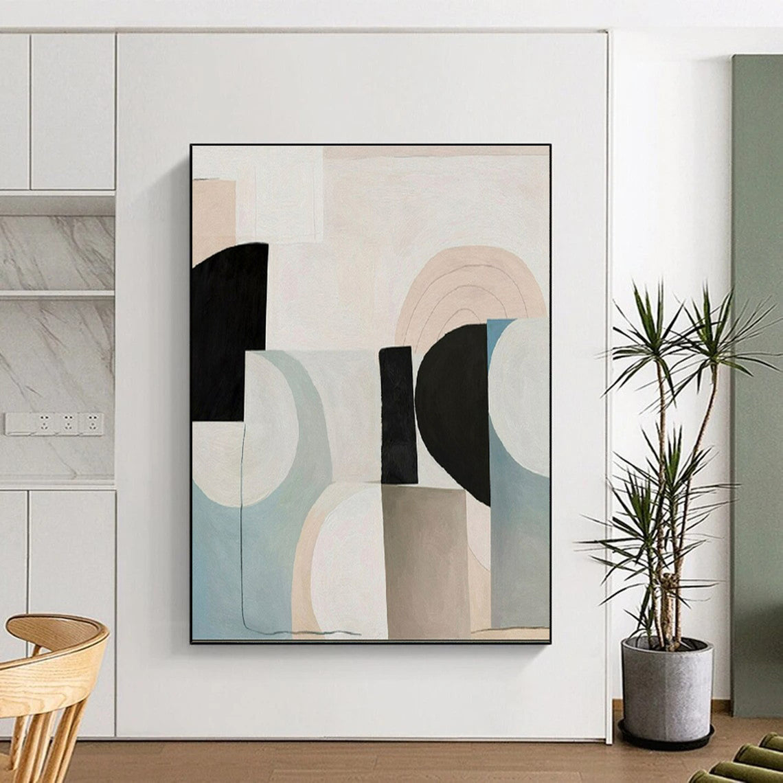 “Soft Geometric Mix” - Beige, Black, Blue, Gray Abstract Geometric Painting On Canvas PS0672