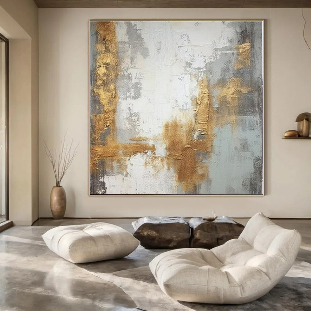 Gray, Gold, White with Textured Layers "Gilded Echoes" Abstract Painting On Canvas PS1270