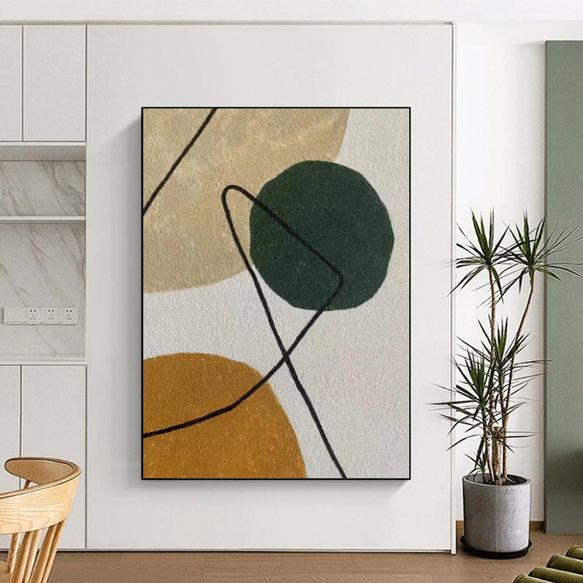 “Circle & Line” - Green, Brown, Black Abstract Shape Painting On Canvas PS0389