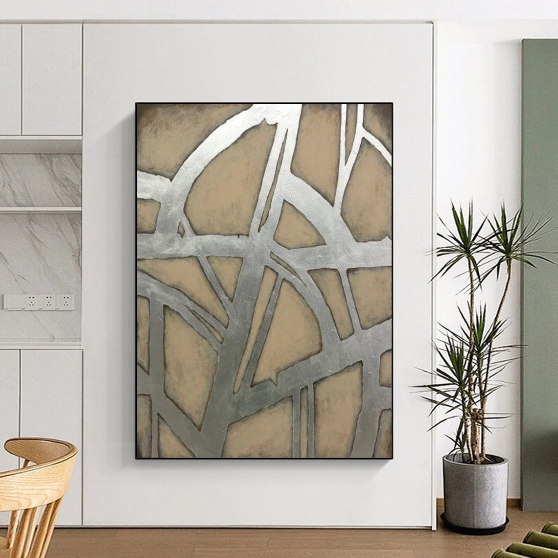 “Silver - Beige Geometric” - Modernist Abstract Painting On Canvas PT2328