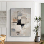 Beige, Gray & Black Geometric Abstract "Urban Grid" Painting On Canvas PS0868
