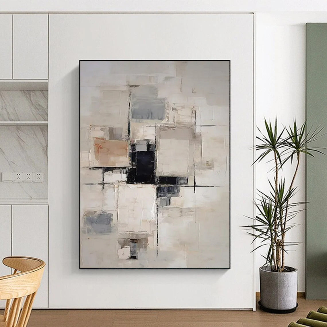 Beige, Gray & Black Geometric Abstract "Urban Grid" Painting On Canvas PS0868