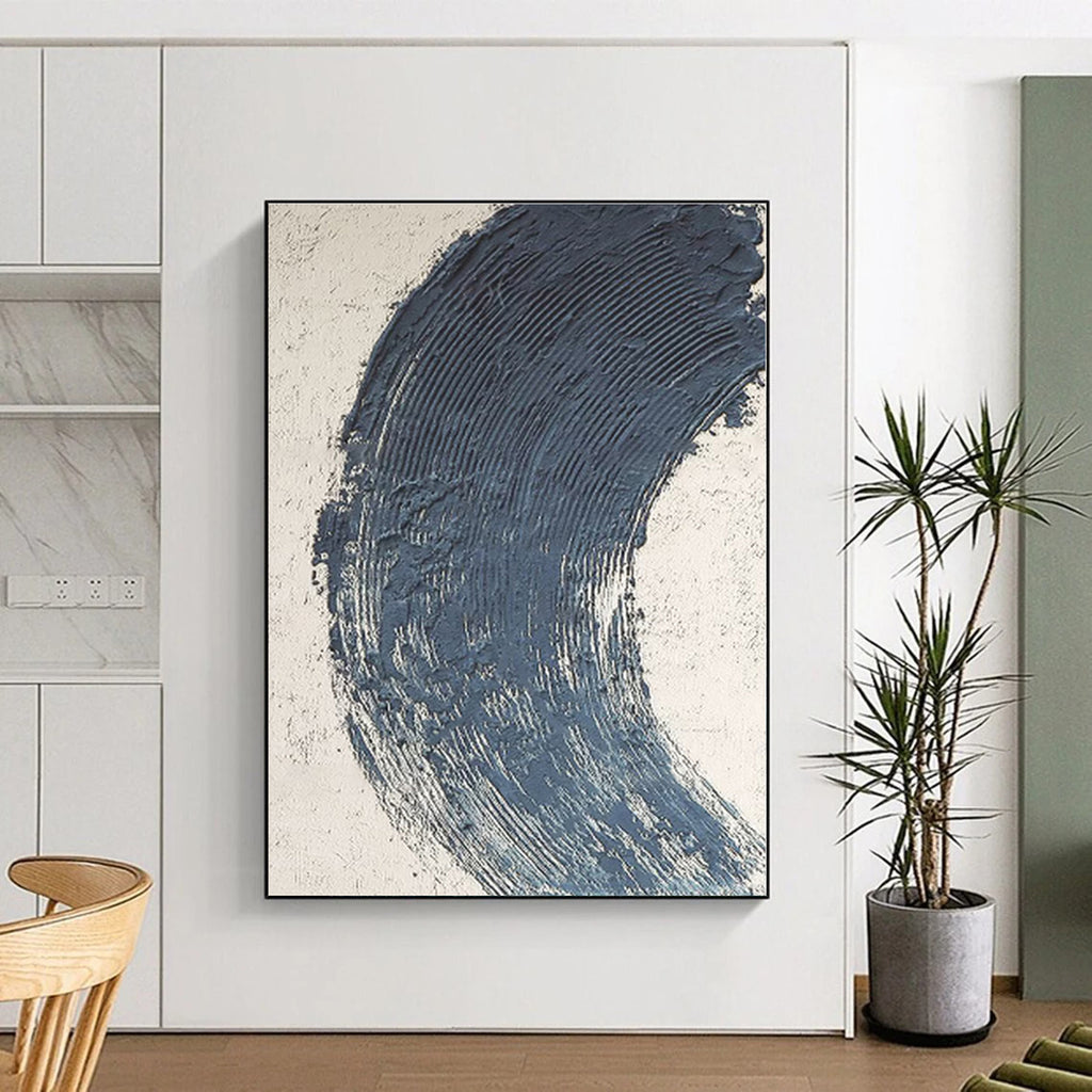 “Blue Curved Stroke on White” - Minimalist Abstract Painting On Canvas PS0426