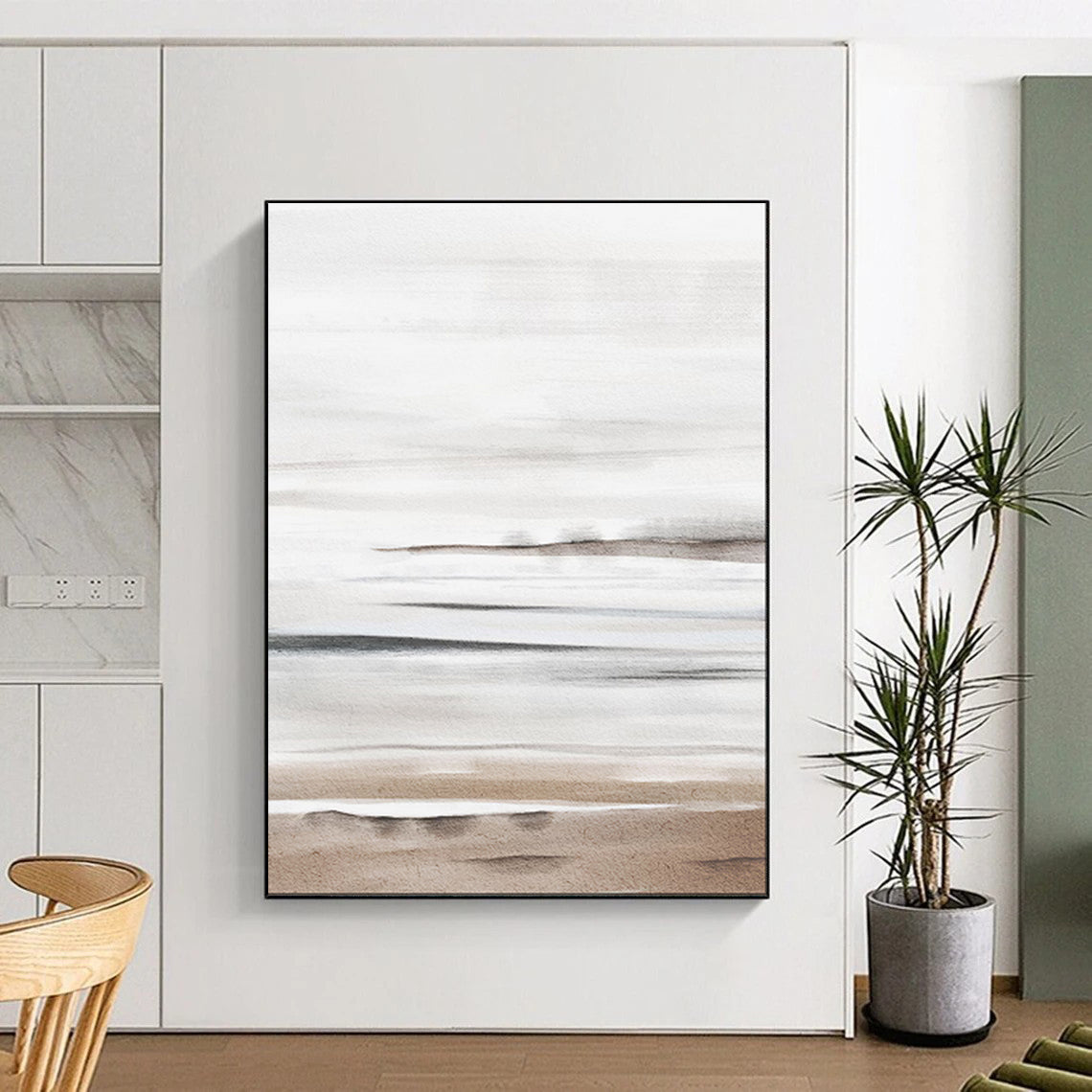 “Neutral Tones Watercolor Seaside Landscape” - Watercolor Painting On Canvas PT2064