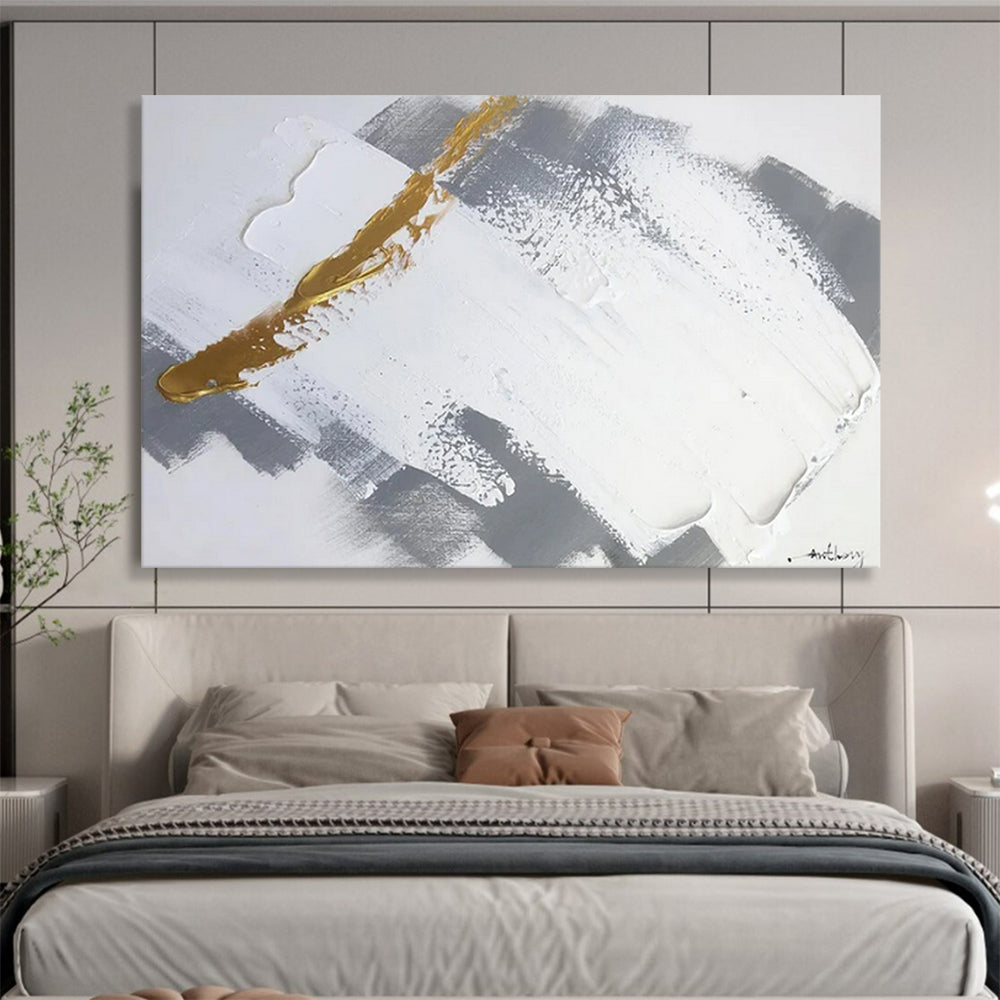 “Gold - Gray - White Geometric Abstract” - Golden - Gray Abstract Painting On Canvas PT1568
