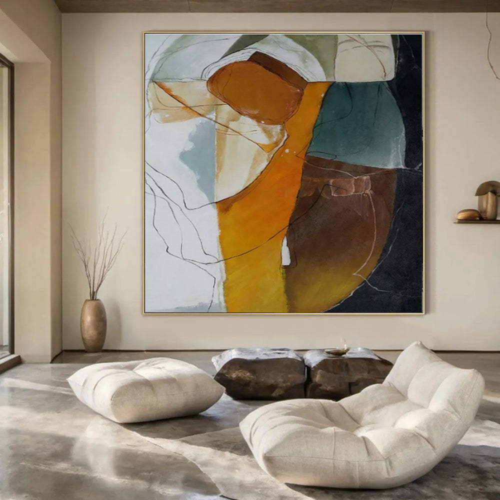 Orange, Green, Blue, White with Flowing Shapes "Colorful Fusion" Abstract Painting On Canvas PS1457