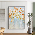 “Golden Blossom Trees” - White, Gold, Blue Floral Abstract Painting On Canvas PT1461