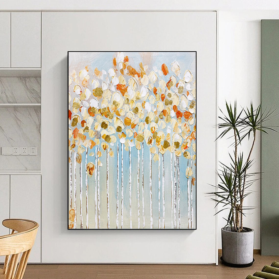 “Golden Blossom Trees” - White, Gold, Blue Floral Abstract Painting On Canvas PT1461