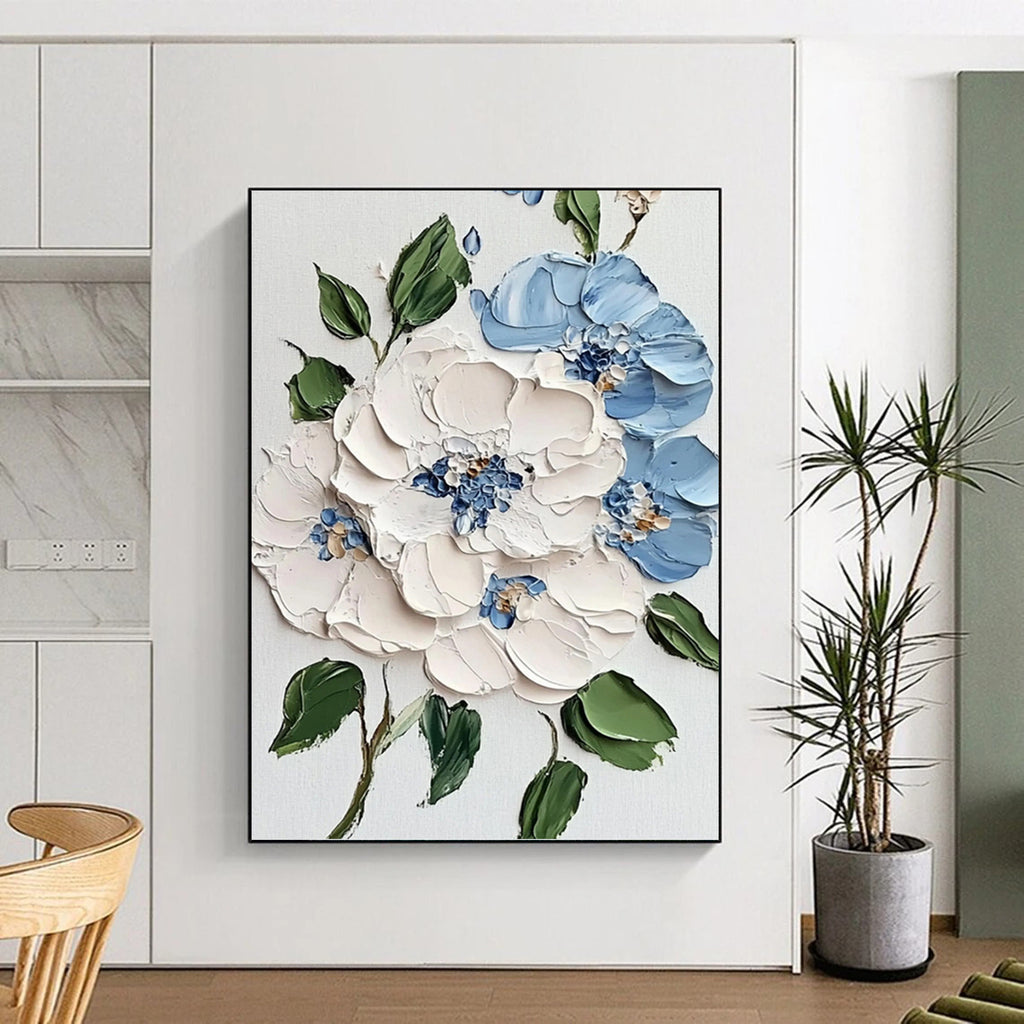 “Blue - White Floral 3D Relief” - Realist - Inspired Floral Painting On Canvas PT1387