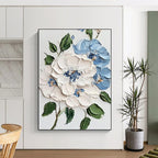 “Blue - White Floral 3D Relief” - Realist - Inspired Floral Painting On Canvas PT1387