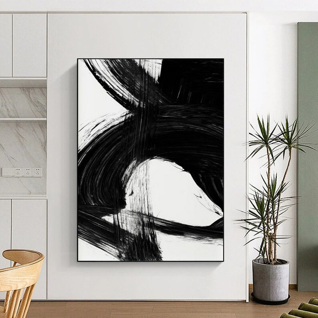 “Swirling Black Ink” - Intricate, Curved Strokes on White Canvas Painting On Canvas DS196