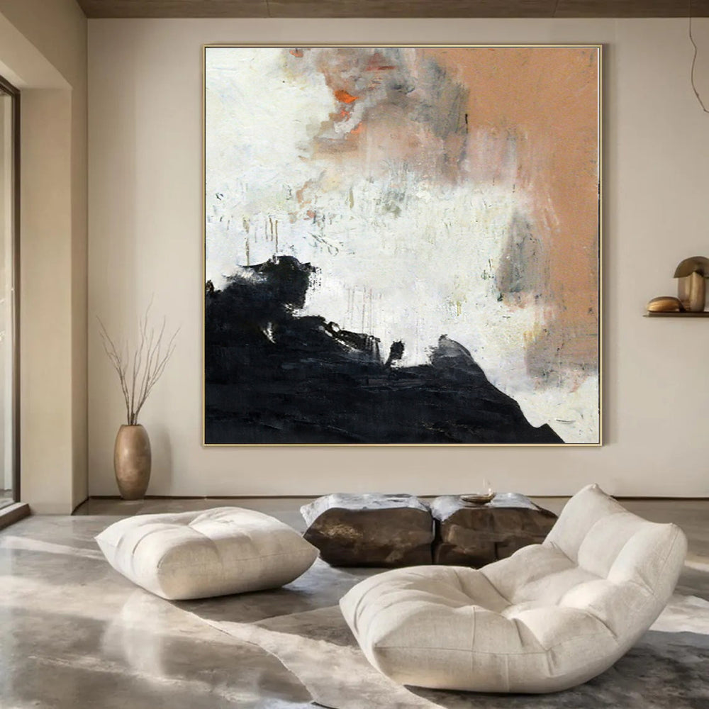 Black, White, Orange and Beige with Dynamic Textures "Fiery Dawn" Abstract Painting On Canvas PS1153