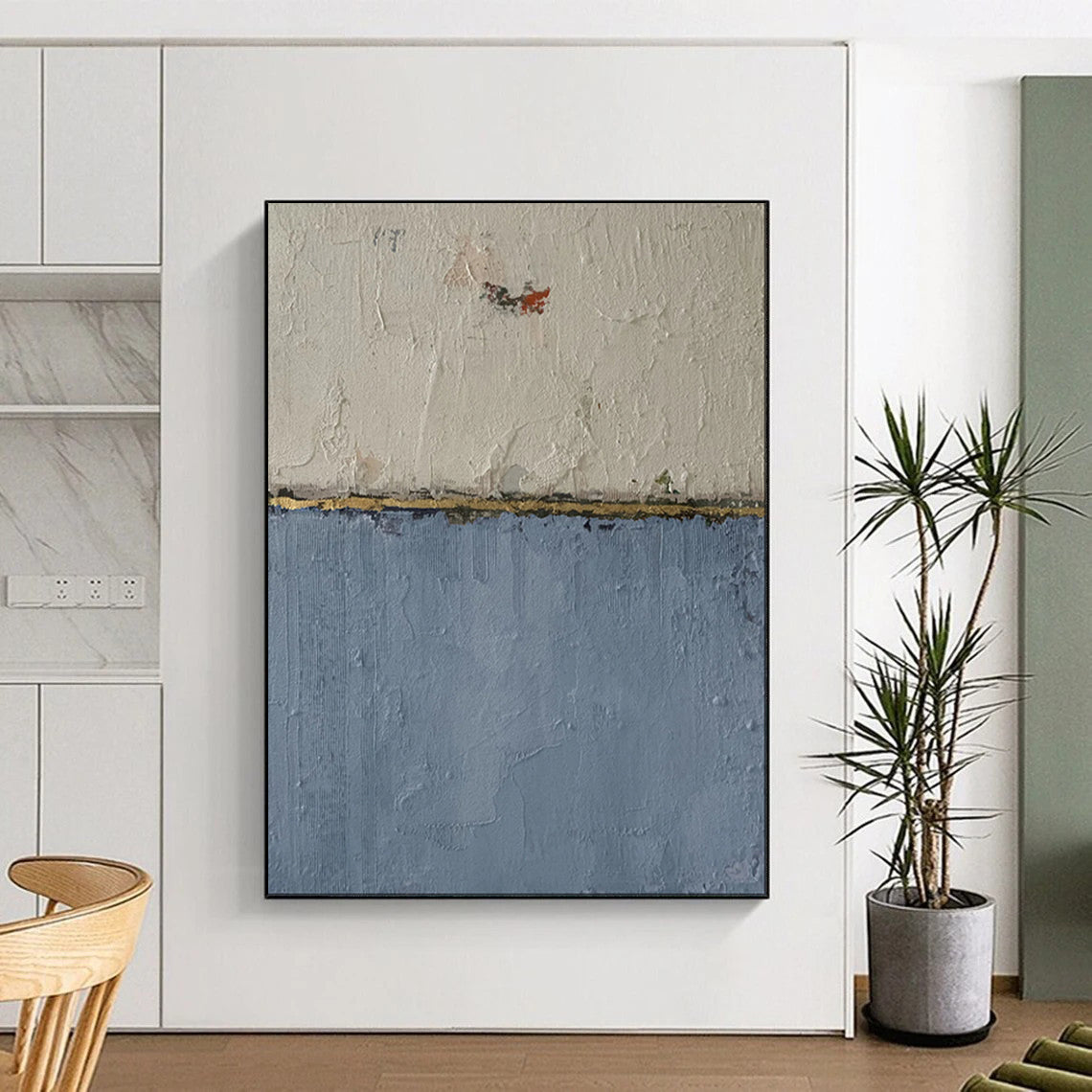 “White - Blue - Gold Textured Abstract” - Textured Minimalist Painting On Canvas PT1967