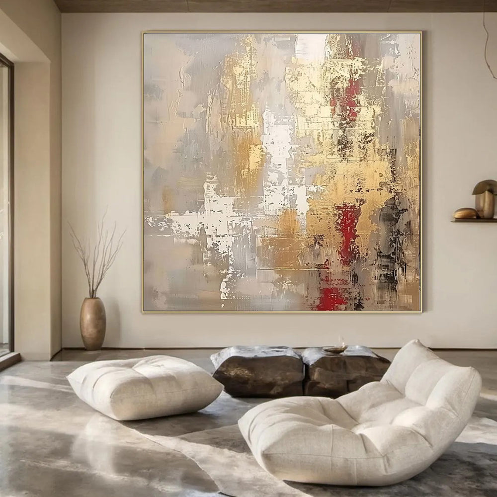 Gray, Gold, White, and Red, "Gilded Ruins" – Abstract Painting On Canvas PS1017