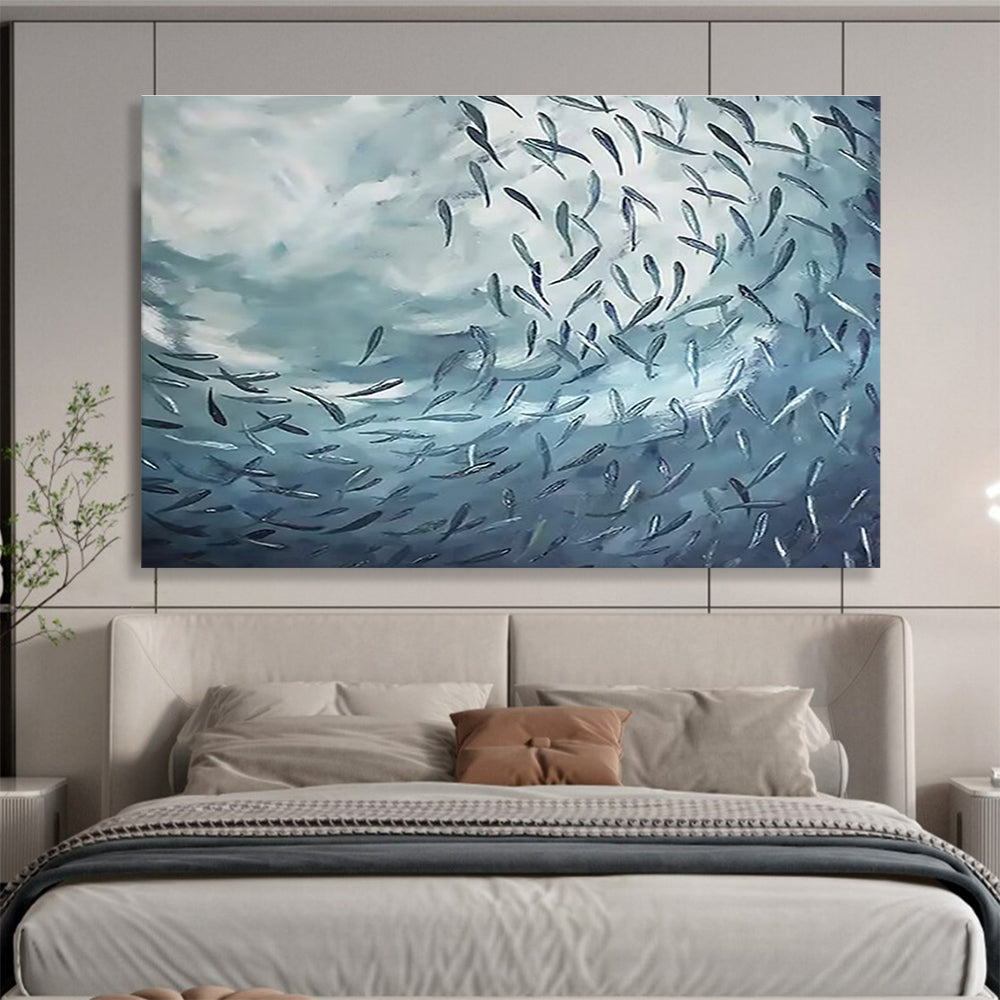 “School of Fish in Blue” - Impressionistic Oil Painting On Canvas DKS792