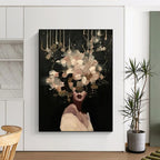 “Black, Beige, and White Floral Head” - Mysterious Figurative Painting On Canvas DS326