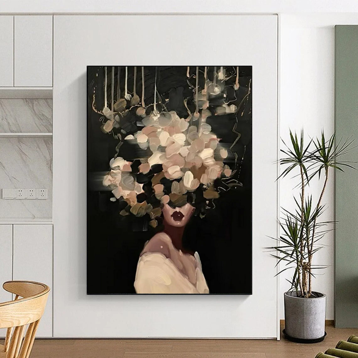 “Black, Beige, and White Floral Head” - Mysterious Figurative Painting On Canvas DS326