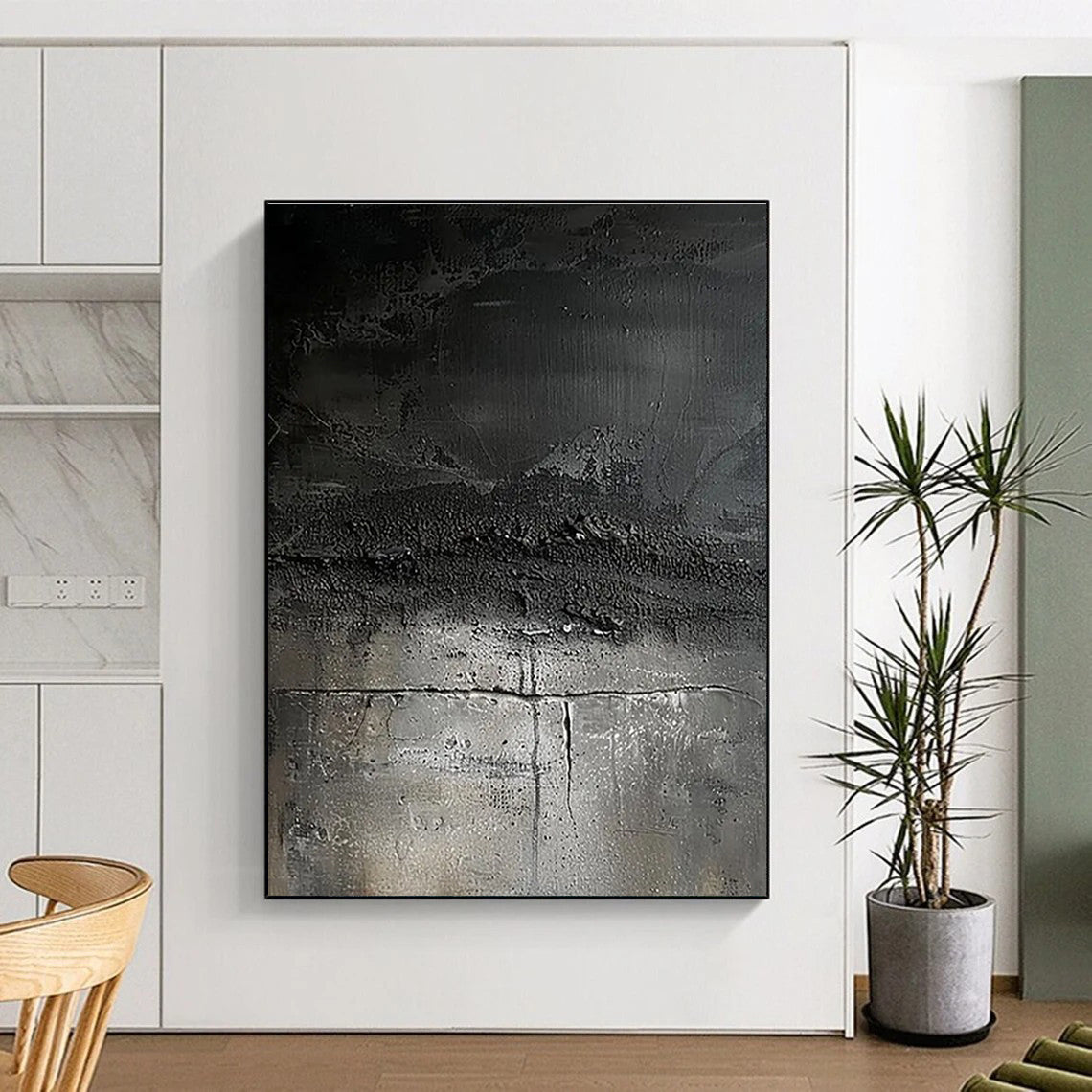 Black & Gray Textured Abstract "Midnight Ashes" Painting On Canvas PS0858