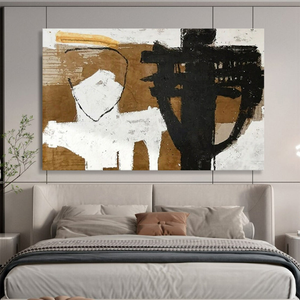 “Black - White - Brown Abstract Figures” - Monochromatic “Minimalist Forms” Painting On Canvas PT1655