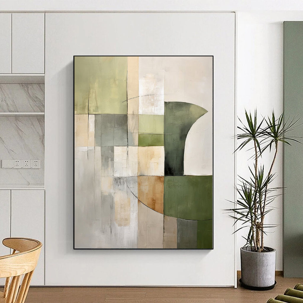 “Green - Gray Geometric Blocks” - Green, Gray Abstract Geometric Painting On Canvas PS0394