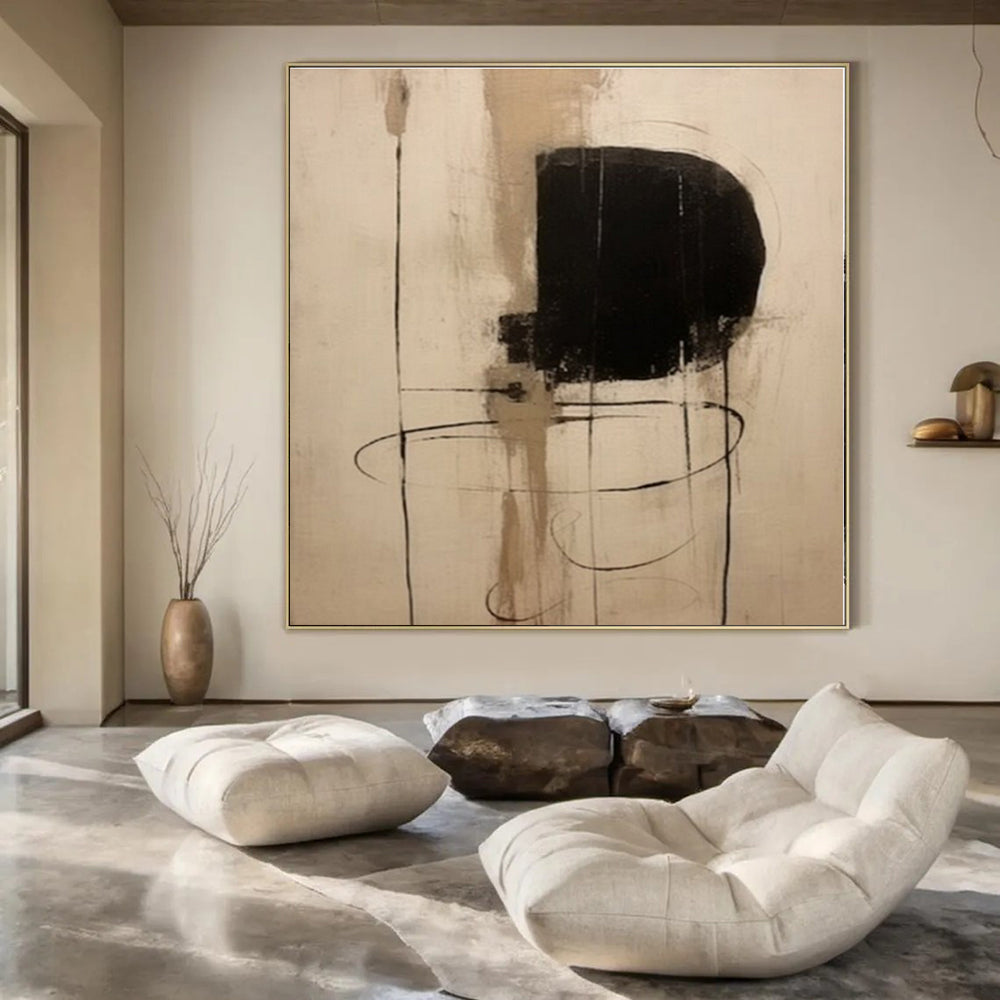 Beige, Black with Line and Shape "Linear Forms" Abstract Painting On Canvas PS1290