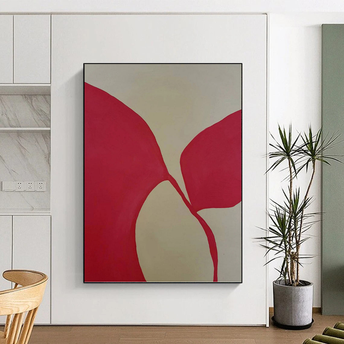 “Pink Linked Shapes on Light Beige” - Connected Forms Abstract Painting On Canvas PT1080