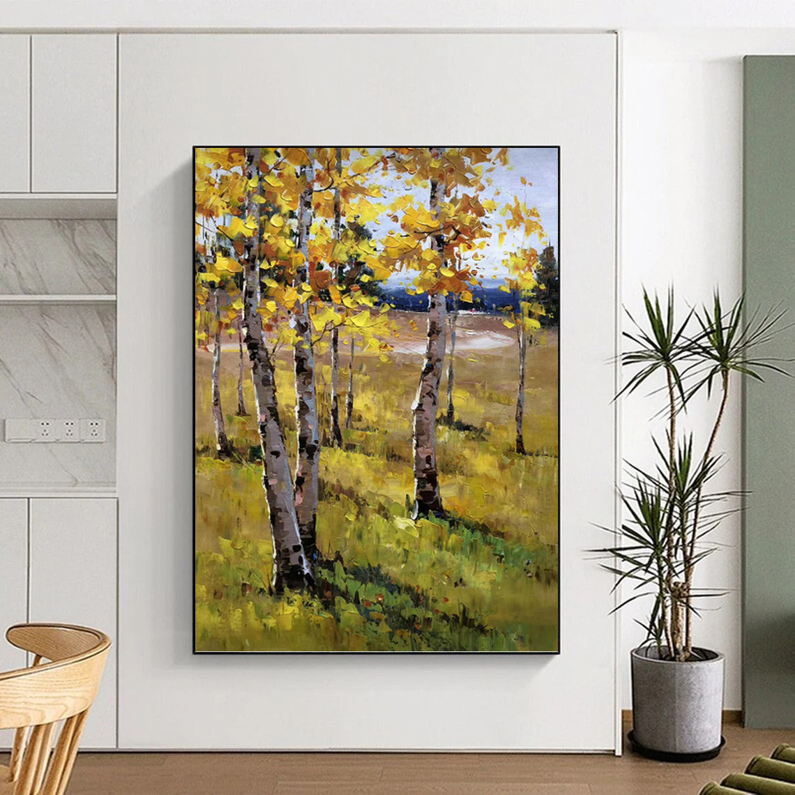 “Yellow - Green Autumn Birch Field” - Impasto Landscape Painting On Canvas PT1284