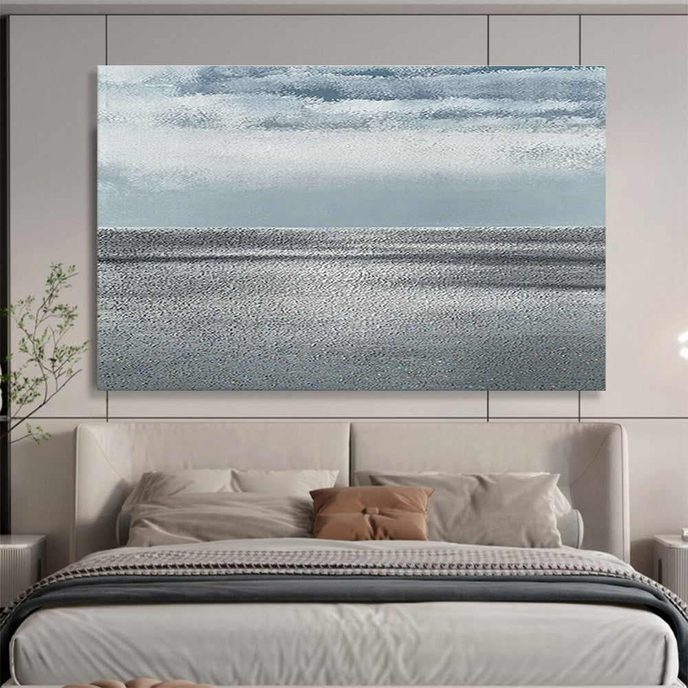“Monochrome Sea Horizon” - Gray & Blue Abstract, Minimalist Oil Painting On Canvas DKS749