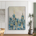 “Blue - Gold Abstract City Skyline” - Oil Painting On Canvas PT2080