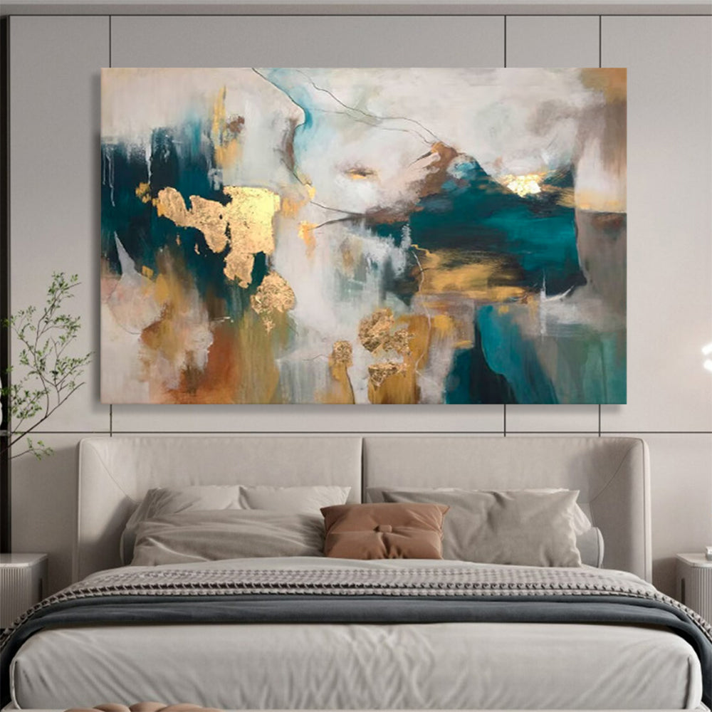 “Teal - Gold Abstract Shapes” - Rich Tones “Opulent Waves” Painting On Canvas PT1632