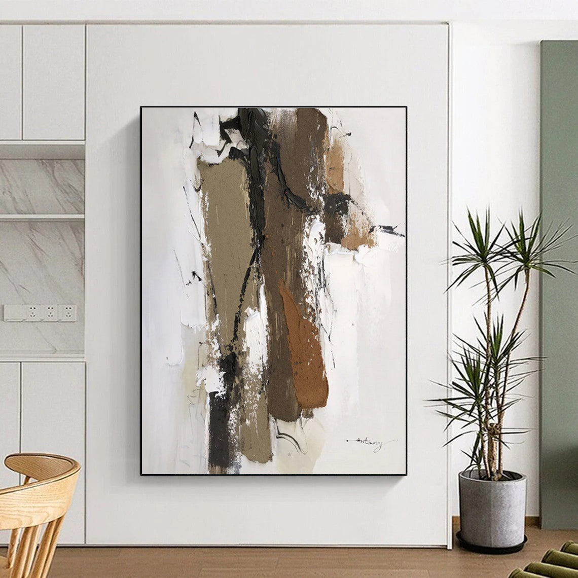 “Brown - White Layered Abstraction” - Brown, White, Black Abstract Painting On Canvas PS0496