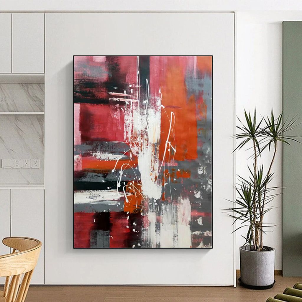 “Red - Grey - White Abstract Energetic Splashes” - Dynamic Abstract Painting On Canvas PS0313