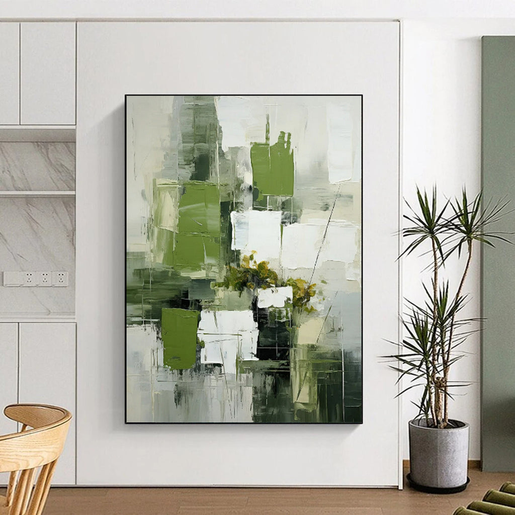 “Green and White Abstract Floral” - Modernist Still - Life Painting On Canvas PT2264