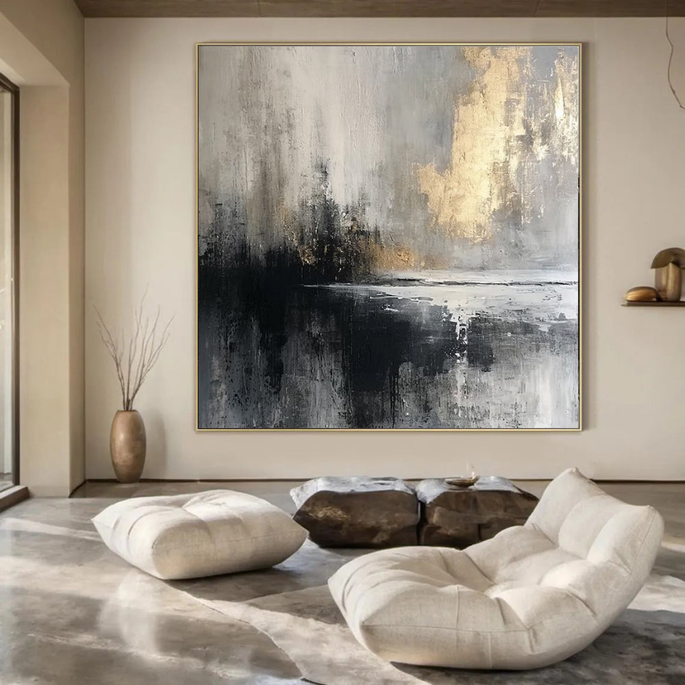 Gray, Gold, Black, and White, "Mystic Dusk" – Abstract Landscape Painting On Canvas PS1018