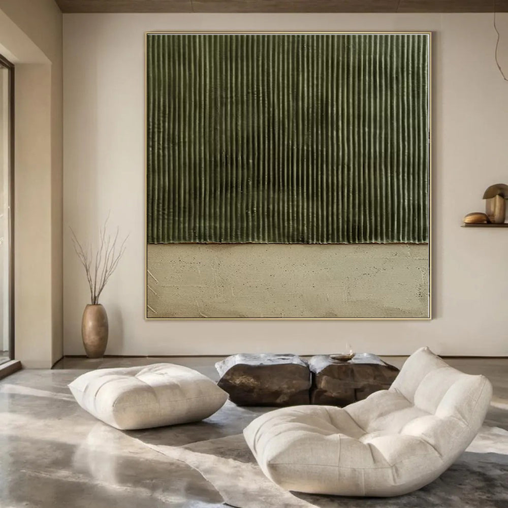 Green, Beige with Vertical & Horizontal Textures "Nature’s Divide" Abstract Painting On Canvas PS1382