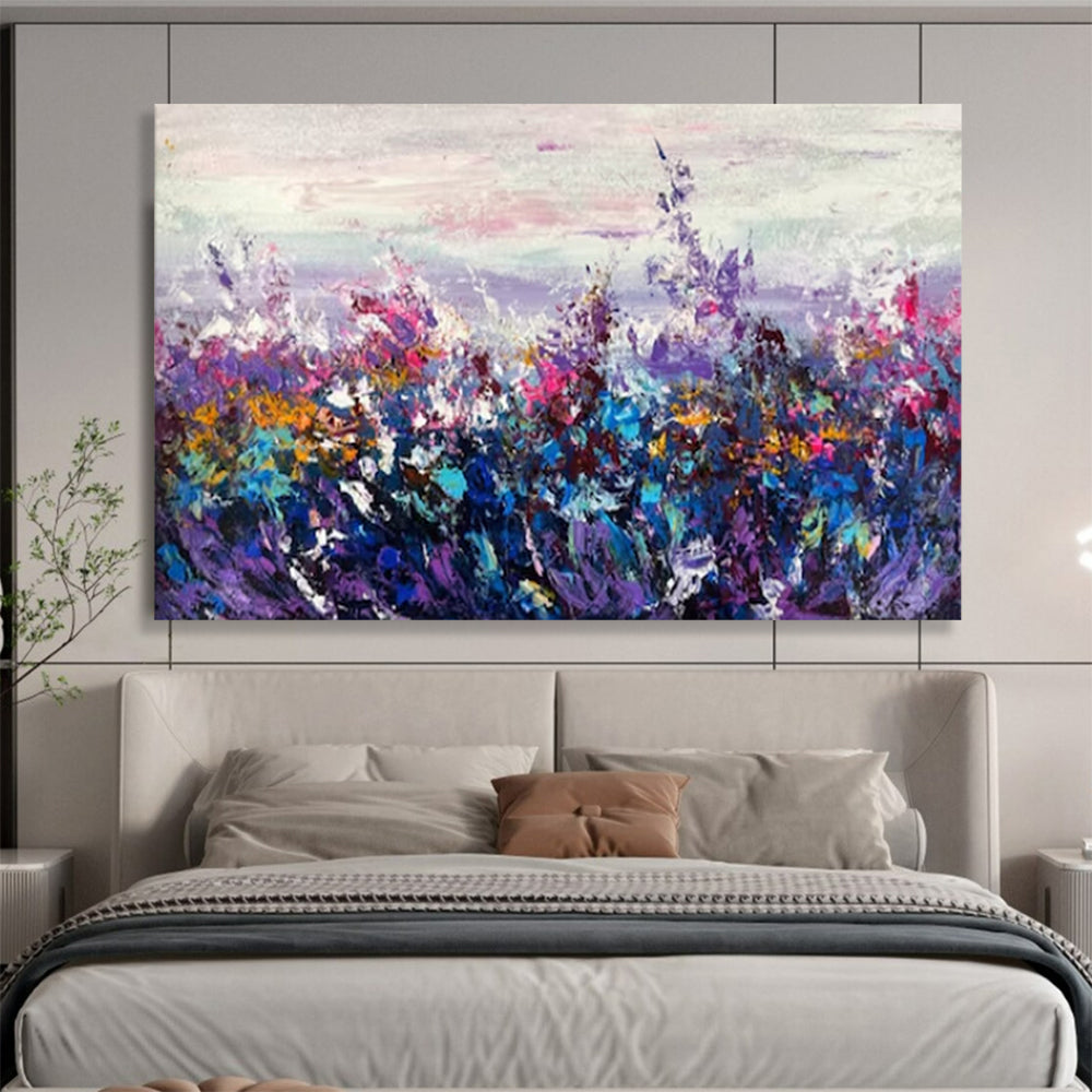 “Purple - Blue Flower Field” - Impressionist Landscape - Painting On Canvas PT1777