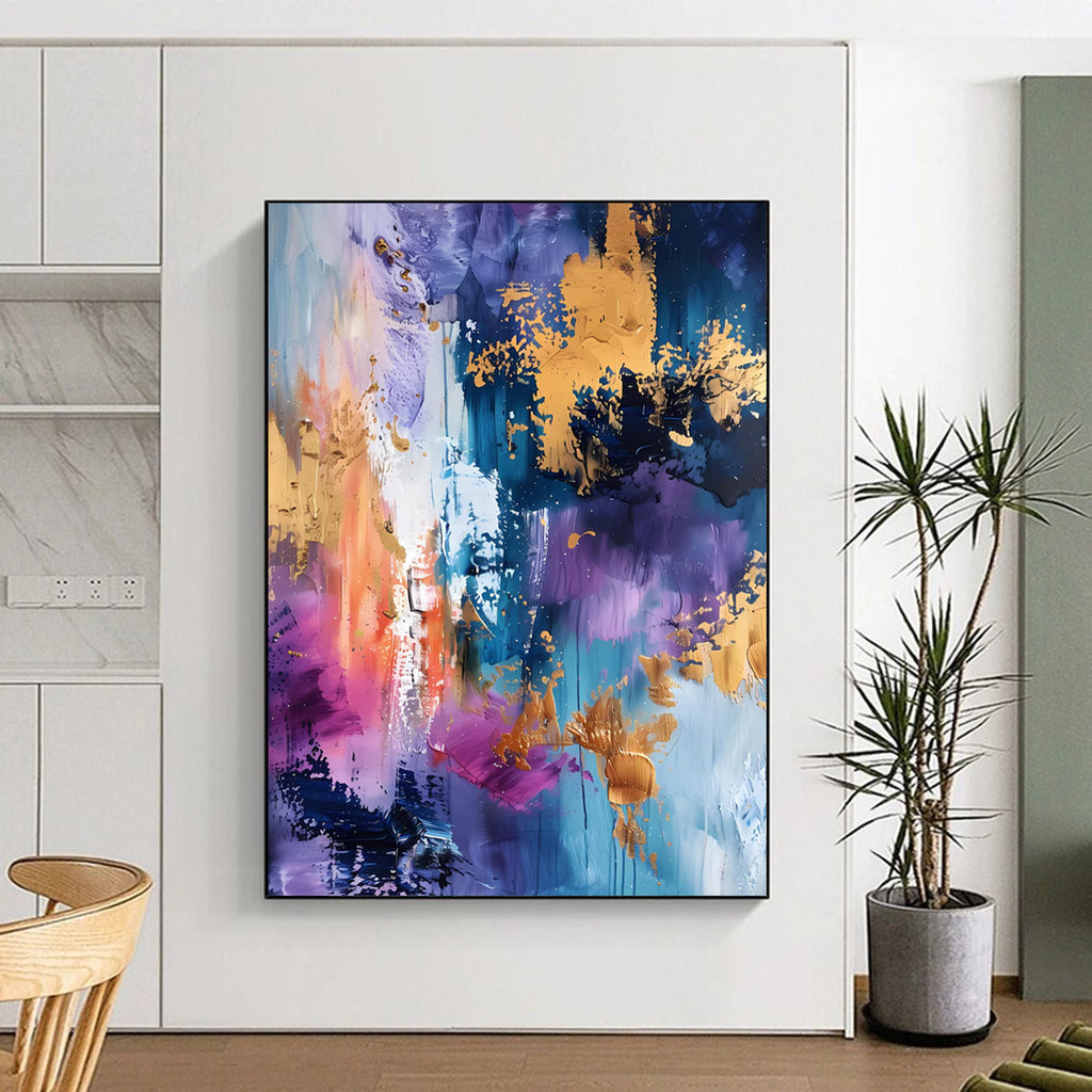 “Purple, Blue & Gold Abstract Splash” - Luxe Abstract Painting On Canvas DS282