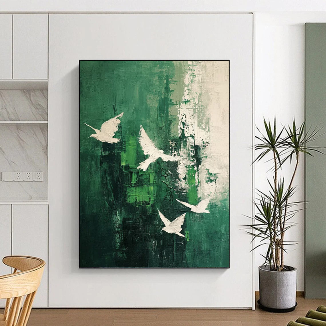 “Green - White Bird Abstract” - Abstract Expressionist Painting On Canvas PT1311