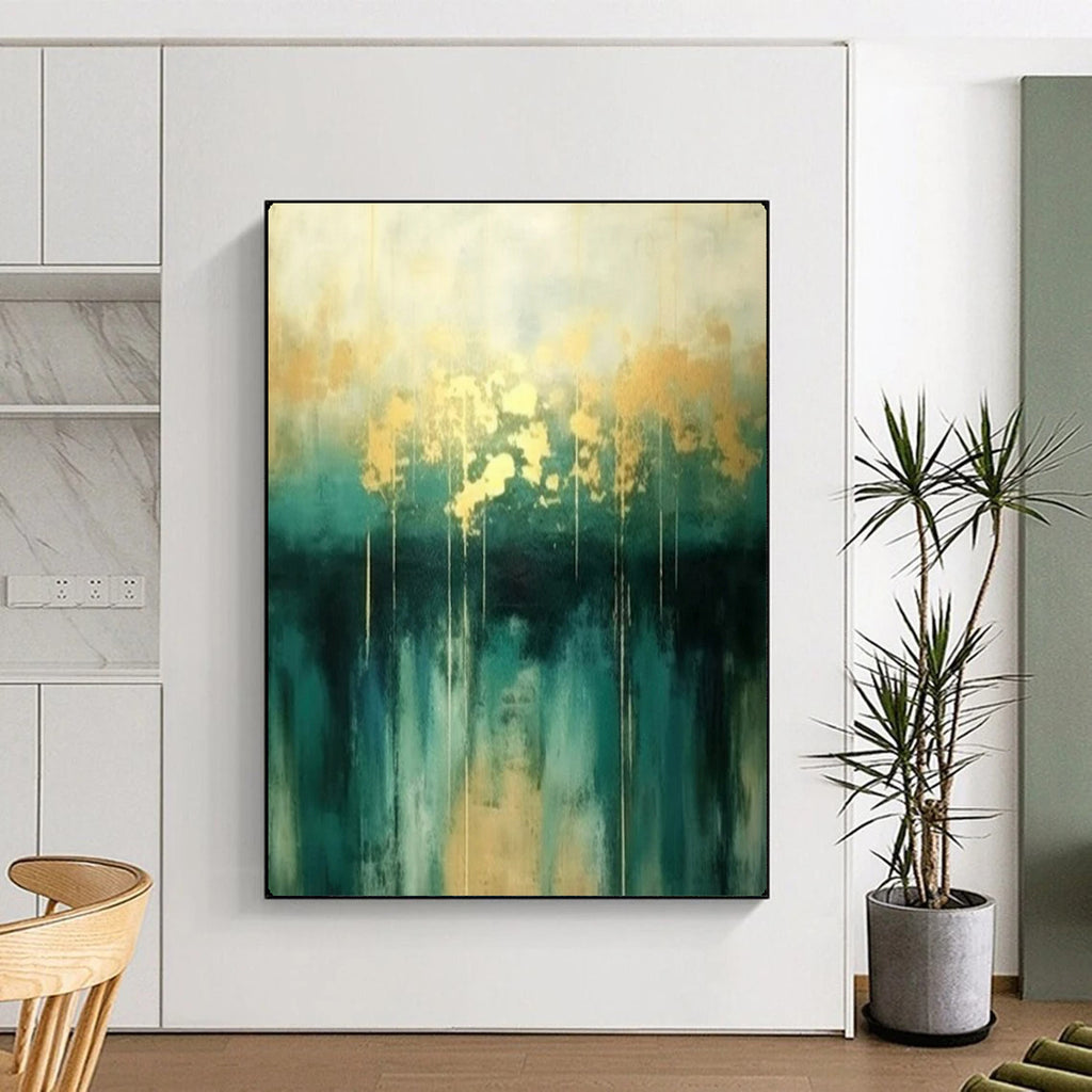 “Gold & Teal Abstract Drip” - Elegant Acrylic Painting On Canvas PT2168
