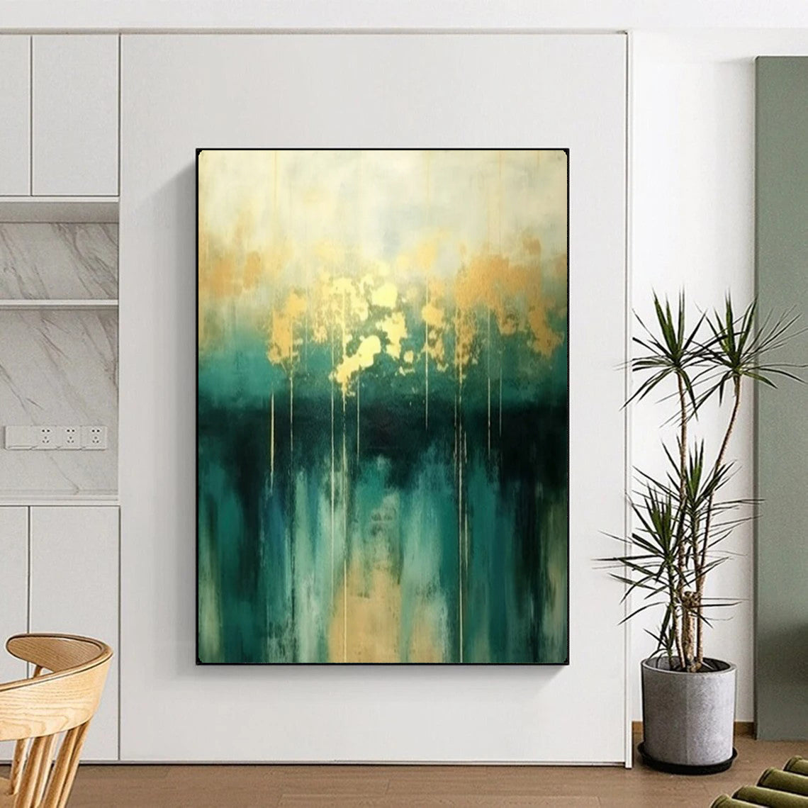 “Gold & Teal Abstract Drip” - Elegant Acrylic Painting On Canvas PT2168