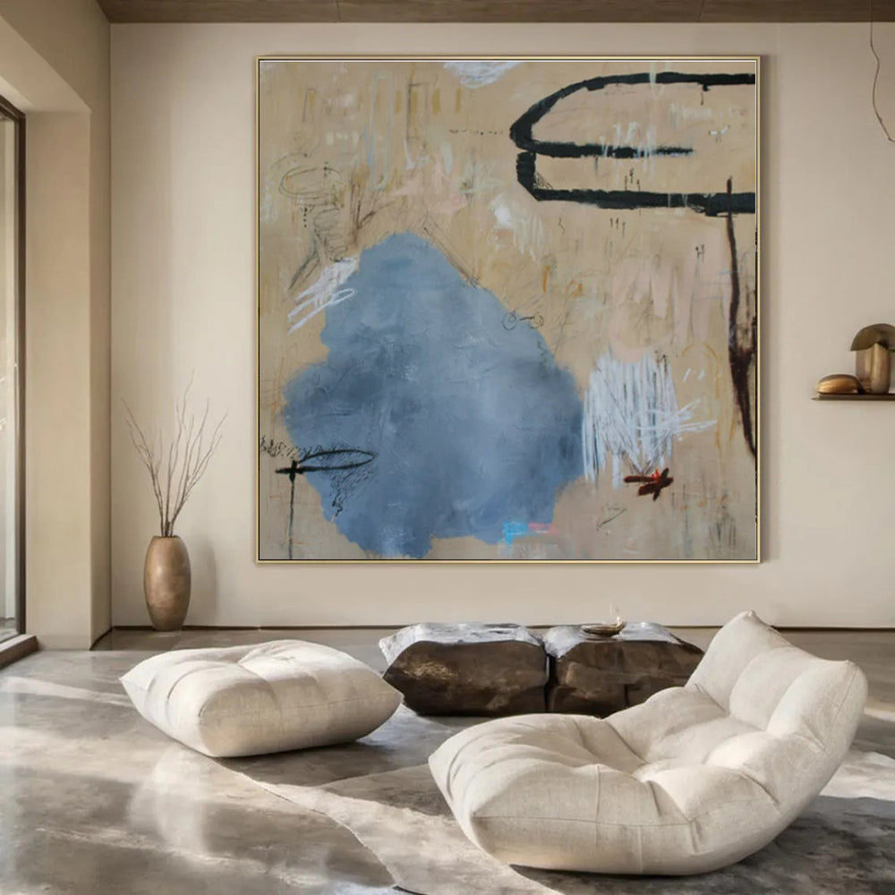 Beige, Blue, Black, White with Scribbled Marks "Vintage Journal" Abstract Painting On Canvas PS1414