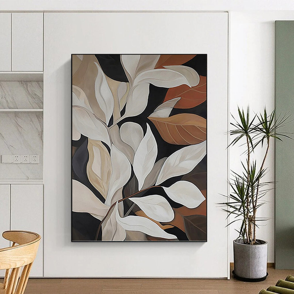 “White - Brown Leafy Composition” - Botanical Abstract Painting On Canvas PT1125