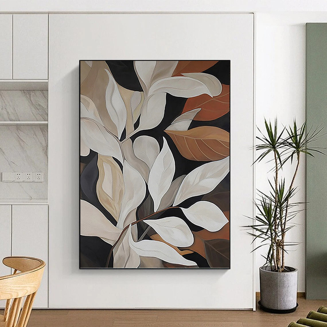 “White - Brown Leafy Composition” - Botanical Abstract Painting On Canvas PT1125