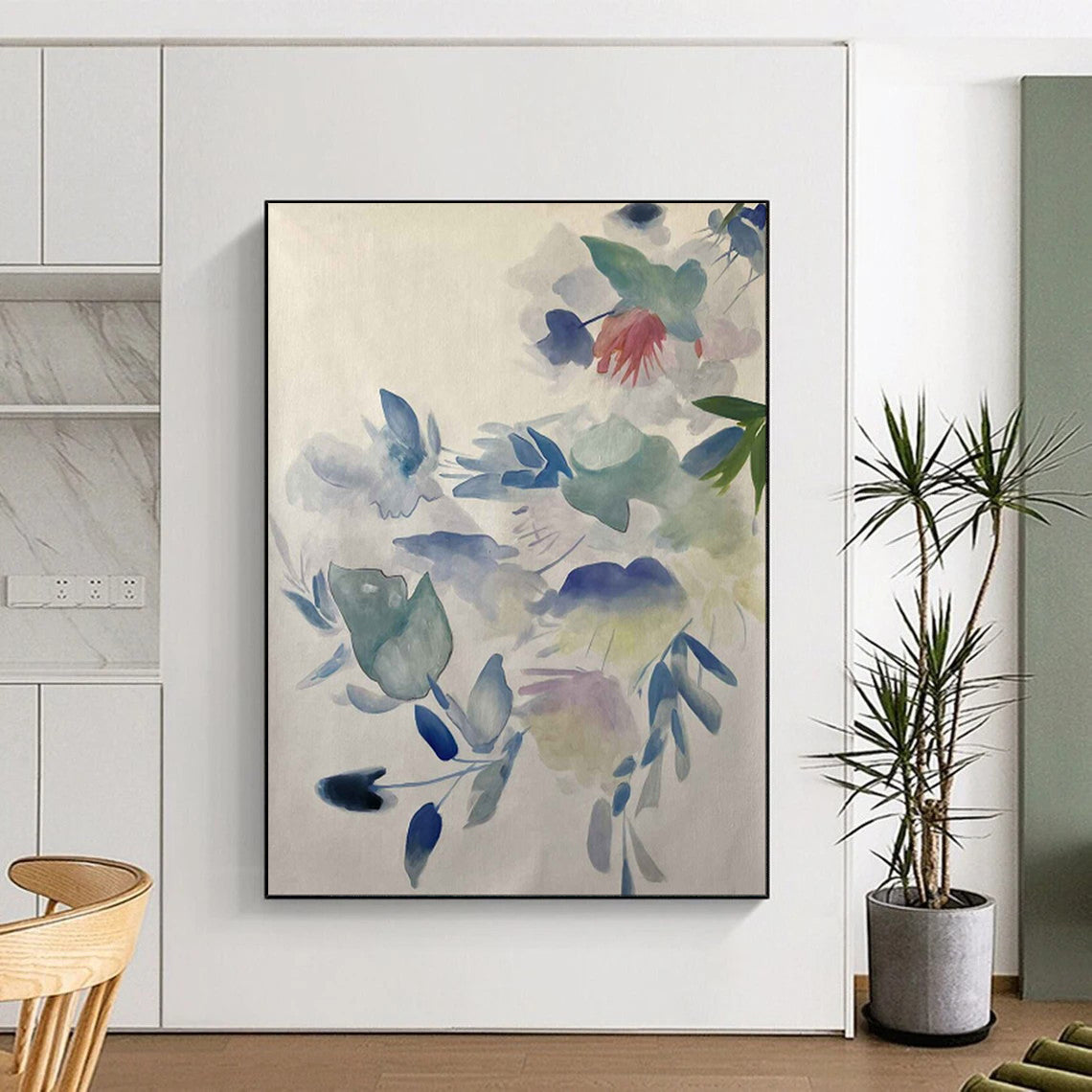 “Soft Blue - Green Watercolor Florals” - Watercolor Painting On Canvas PT2075