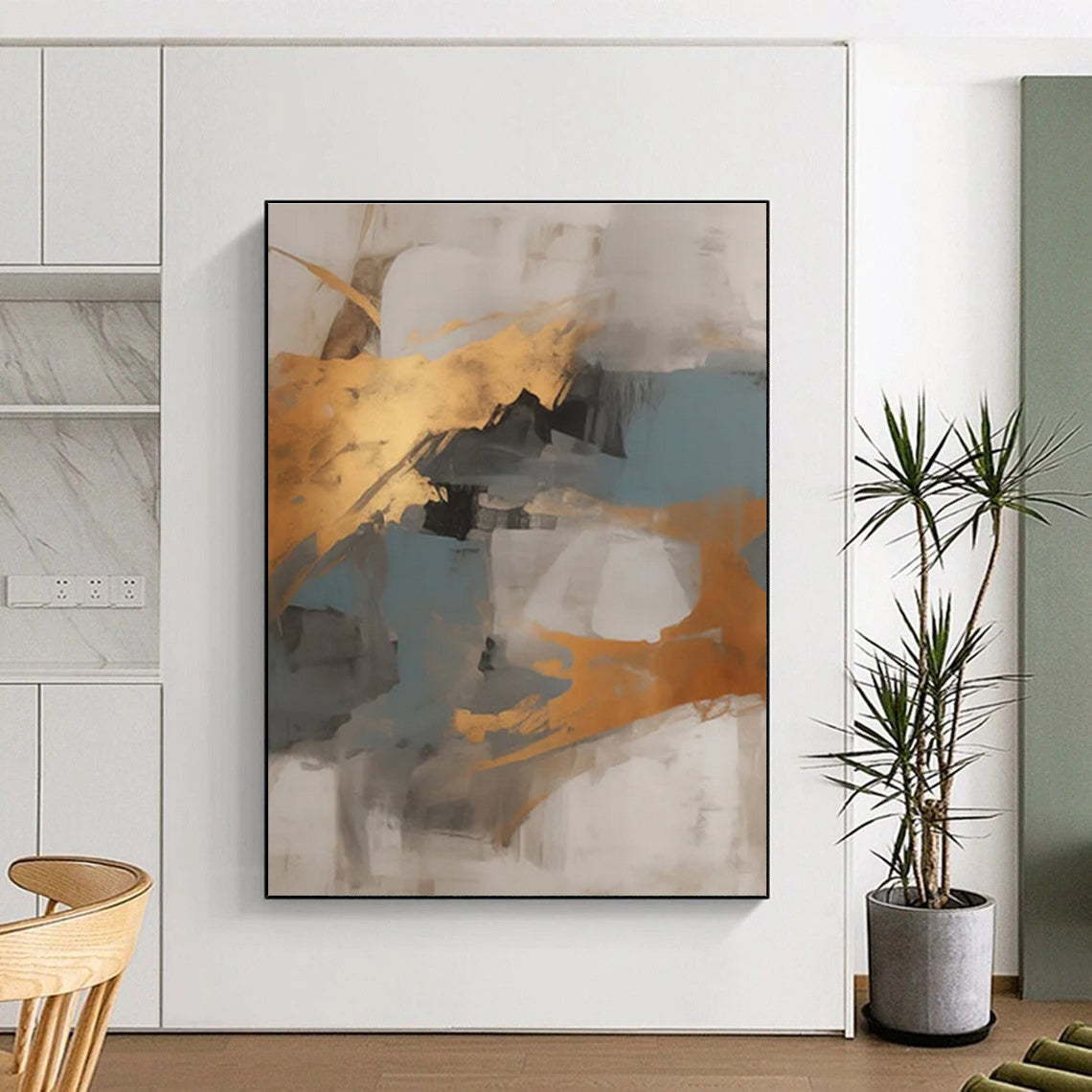 Gray, Gold & Blue Abstract Blocks "Skyward Harmony" Painting On Canvas PS0848