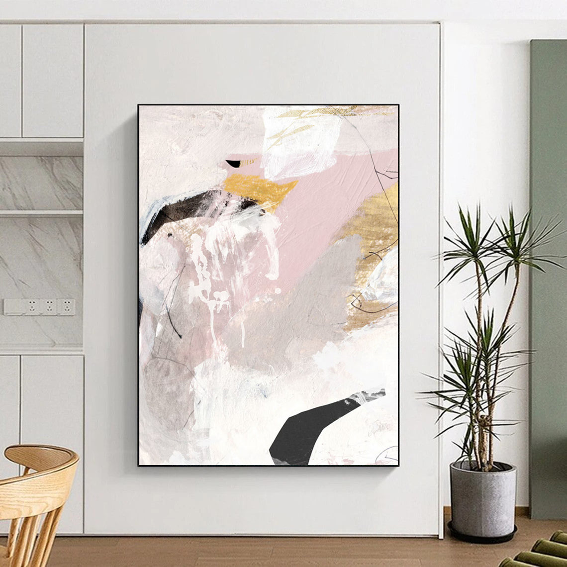 “Blush, Gold & Black Abstract Fusion” - Soft Tones with Geometric Flair Painting On Canvas DS211