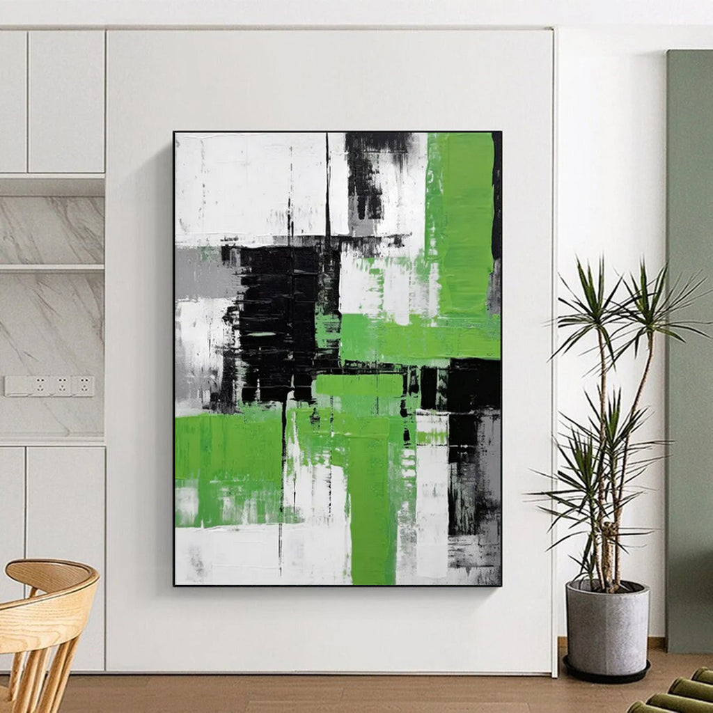“Green, Black, and White Abstract” - Cubist - Inspired Geometric Painting On Canvas PT2267