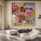 Colorful Collage - Style Abstract "Vibrant Chaos" Mixed - Media Painting On Canvas PS1083