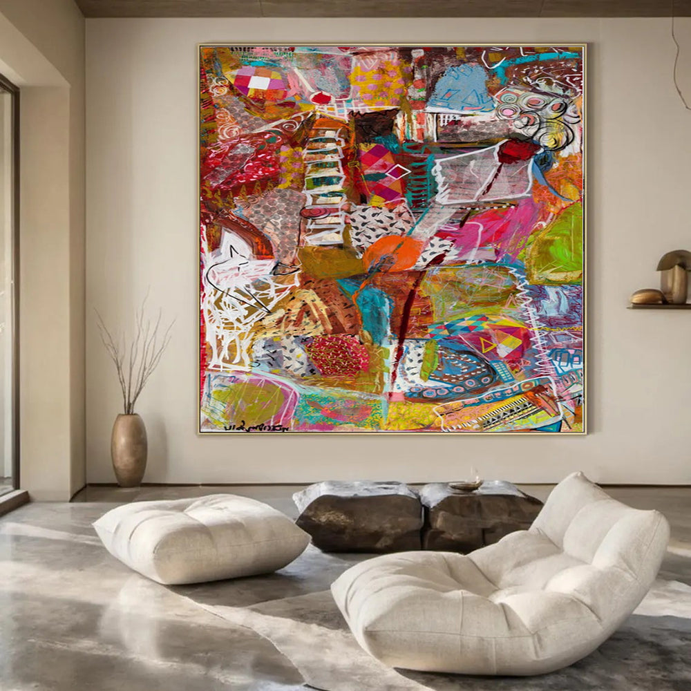Colorful Collage - Style Abstract "Vibrant Chaos" Mixed - Media Painting On Canvas PS1083